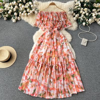Vestido de gasa con un solo hombro y volantes con flores en la cintura para mujer, estilo informal francés, estilo elegante y estilizado para vacaciones
