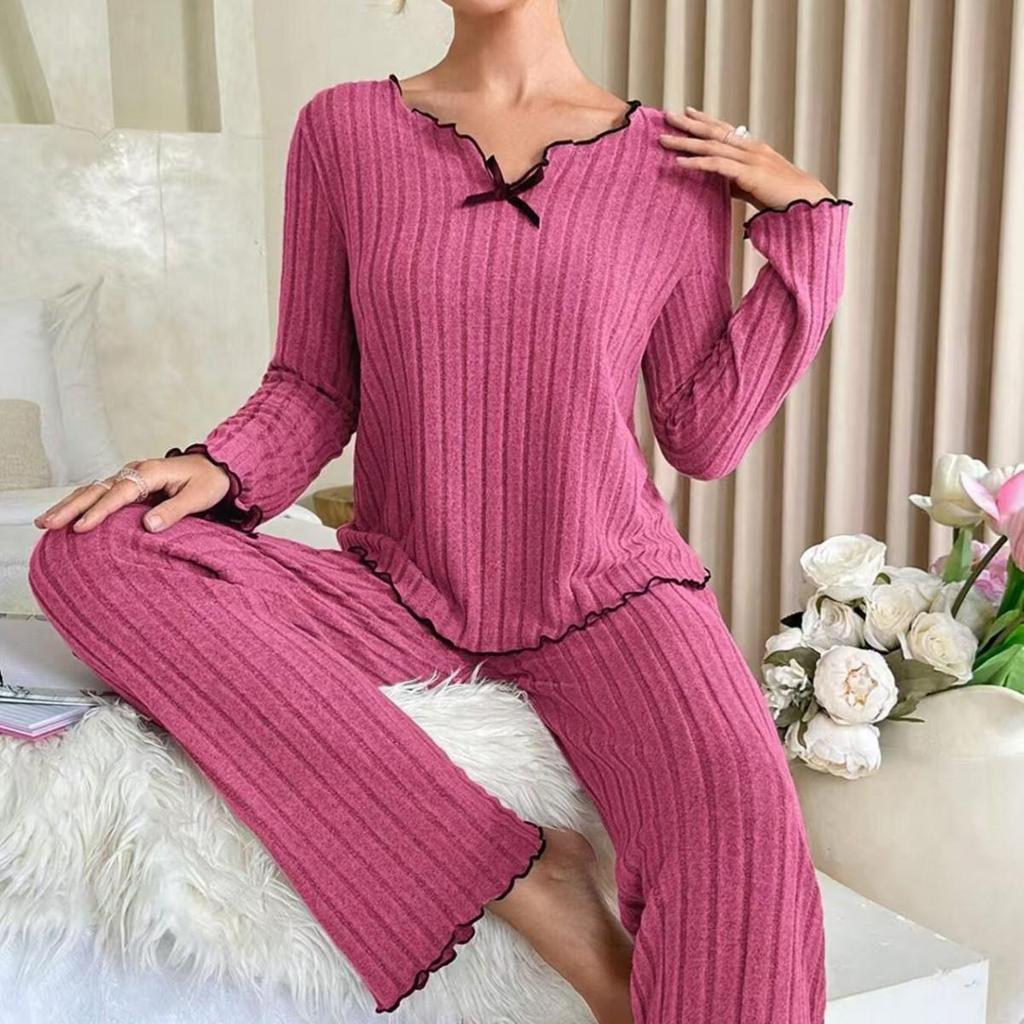 European & American Style Ribbed Black-Edged Bow Casual Home Set