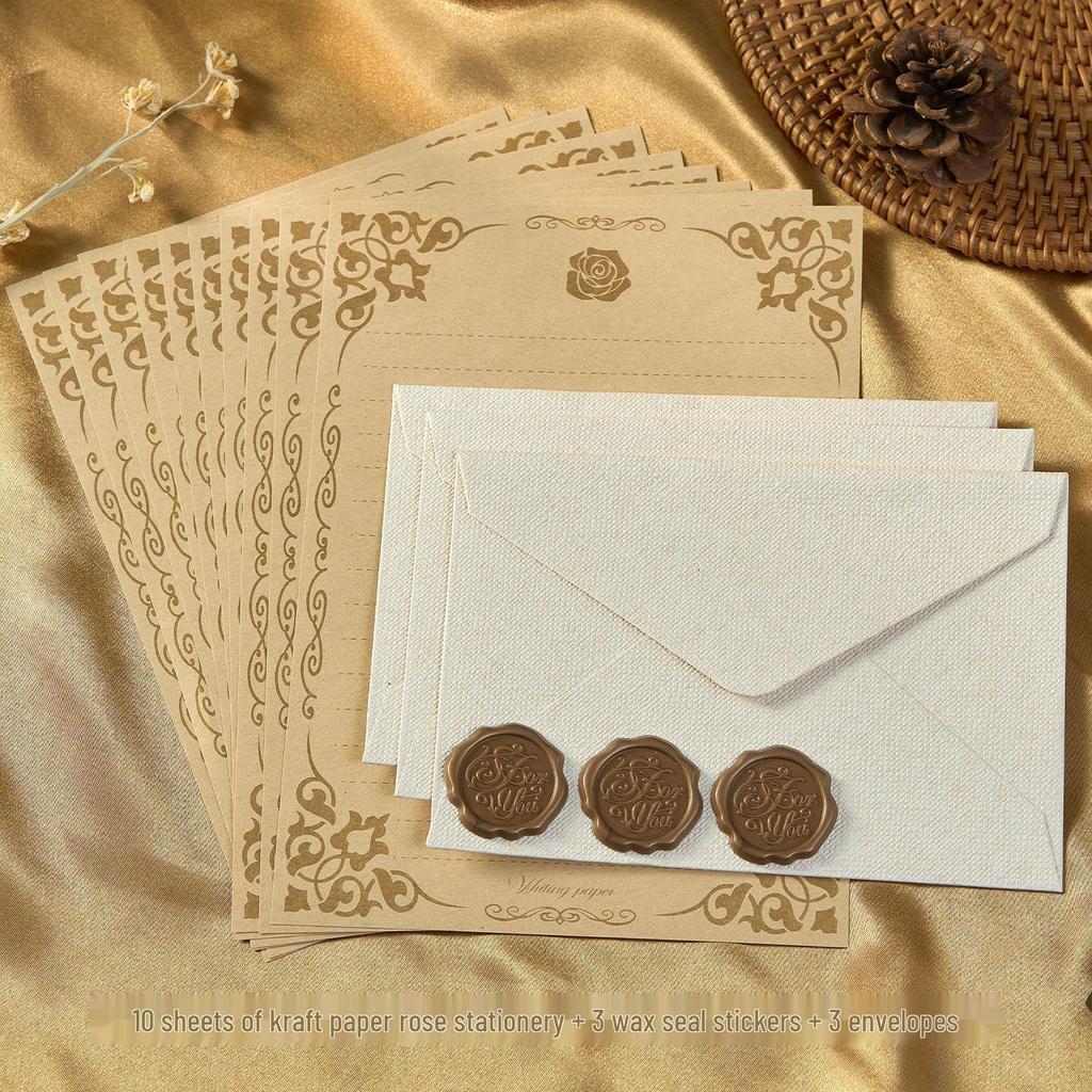Chinese Style Retro Hemp Envelope & Stationery Set with Kraft Paper and Sealing Wax