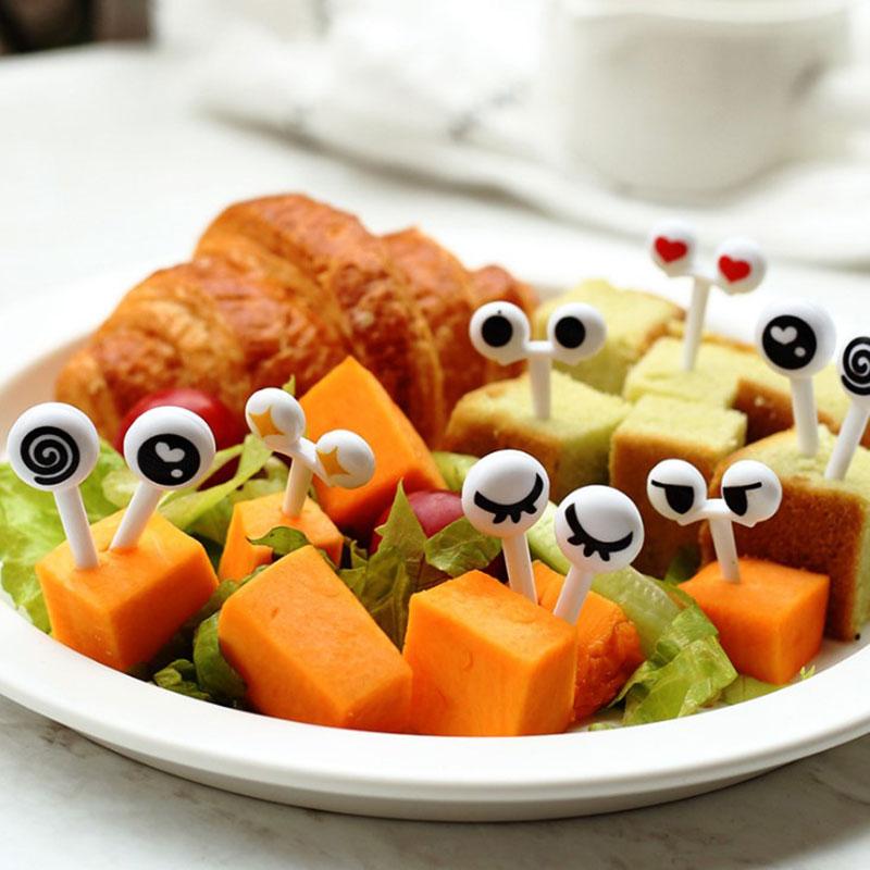 10 ks/sada Mini špízy Roztomilé kreslené oči Kawaii Obědová Bento krabička Jídlo Ovocná vidlička