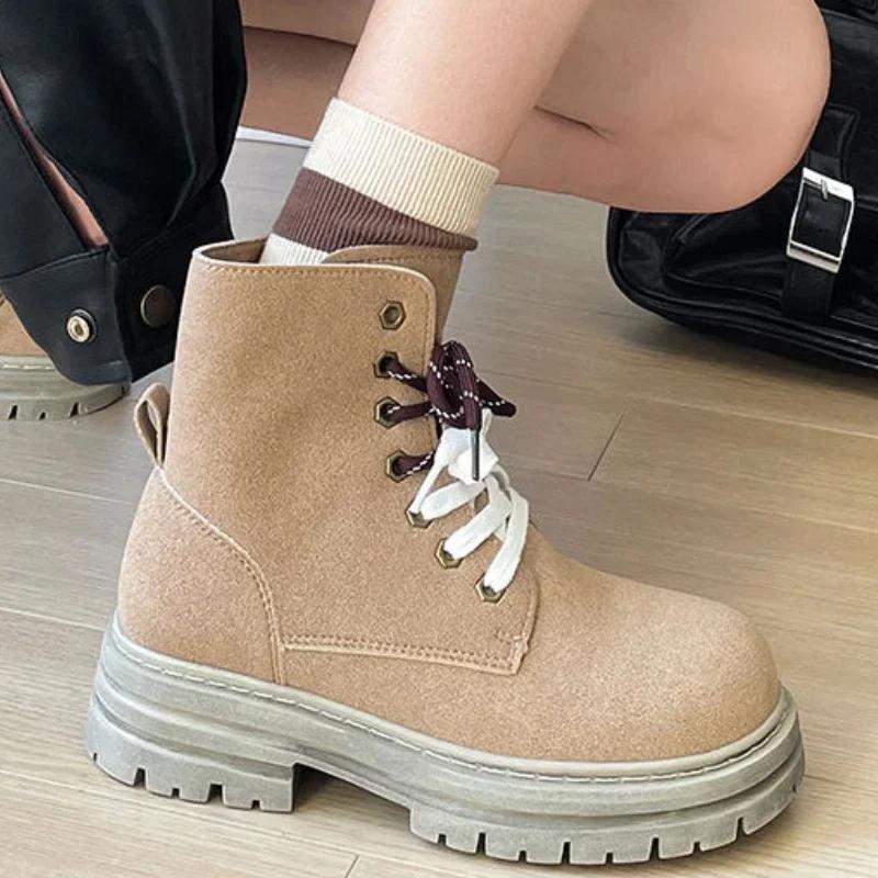 

fashion Ladies Shoes on Sale Fashion New Lace Up Women s Boots Autumn Round Toe Solid Flock Platform Water Proof Elegant Short Boots