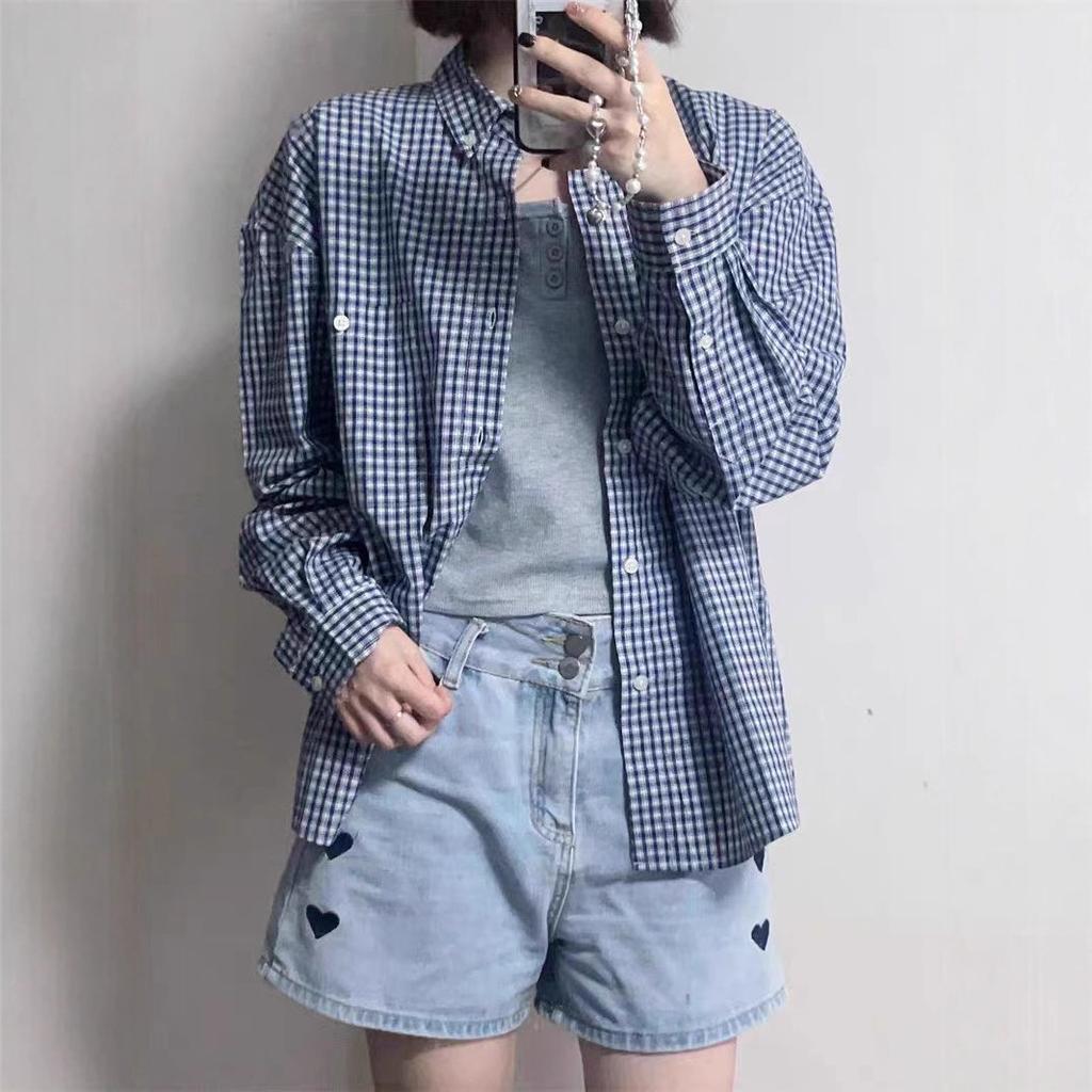 Spring and Autumn New Blue and White Plaid Long Sleeve Shirt Women's College Style Loose Casual Shirt Stacked Jacket Top