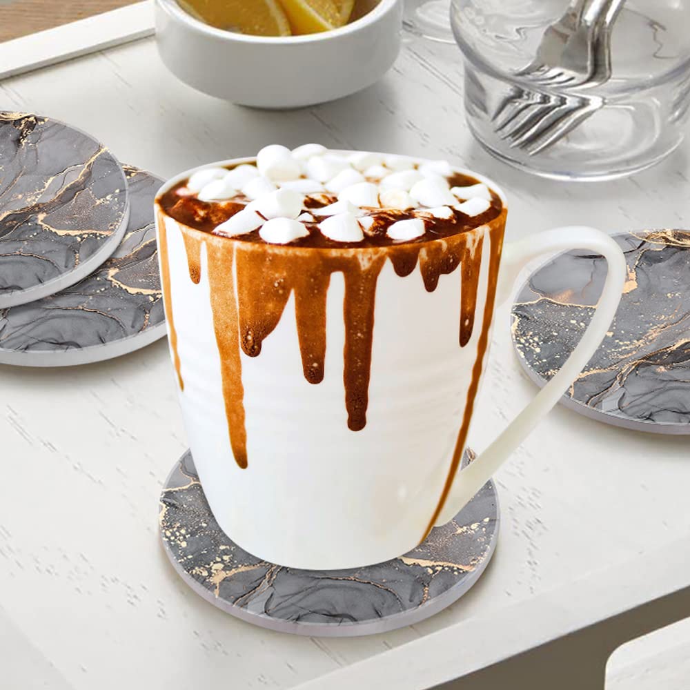 HAOCOO Stylish Ceramic Coasters with Marble Pattern and Cork Backing, Set of 4, Round, for Mugs and Tea, Insulating, Better Than Diatomaceous Earth,