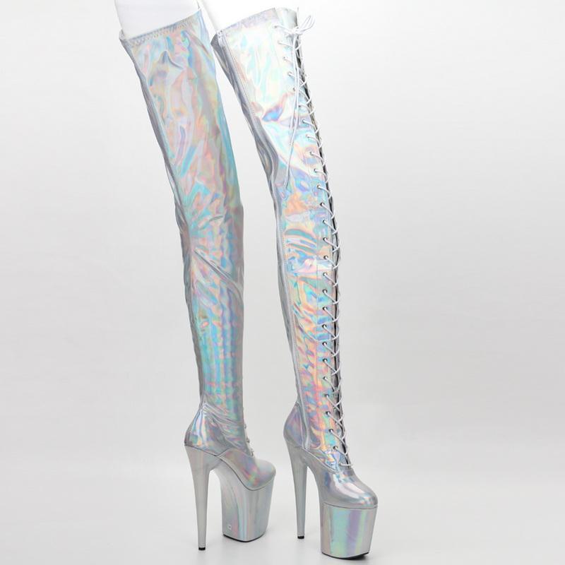 Fashion FHC 20CM Heel Women Thigh High Boots,Platforms Crotch Botas,Men Cosplay Pole Dance Shoes,Stage Show,Peach,Silver,Custom Colors