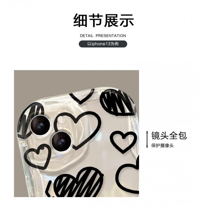 Transparent Silicone Phone Case IPhone 16 15 14 13 12 11 With Line Doodle Heart Chain Design Full Coverage Anti Drop