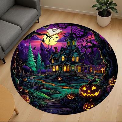1pc Haunted House Pumpkin Round Chair Mat Area Rug - Non-Slip, Floor Mat for Office, Bedroom, and Indoor Decor -1002235