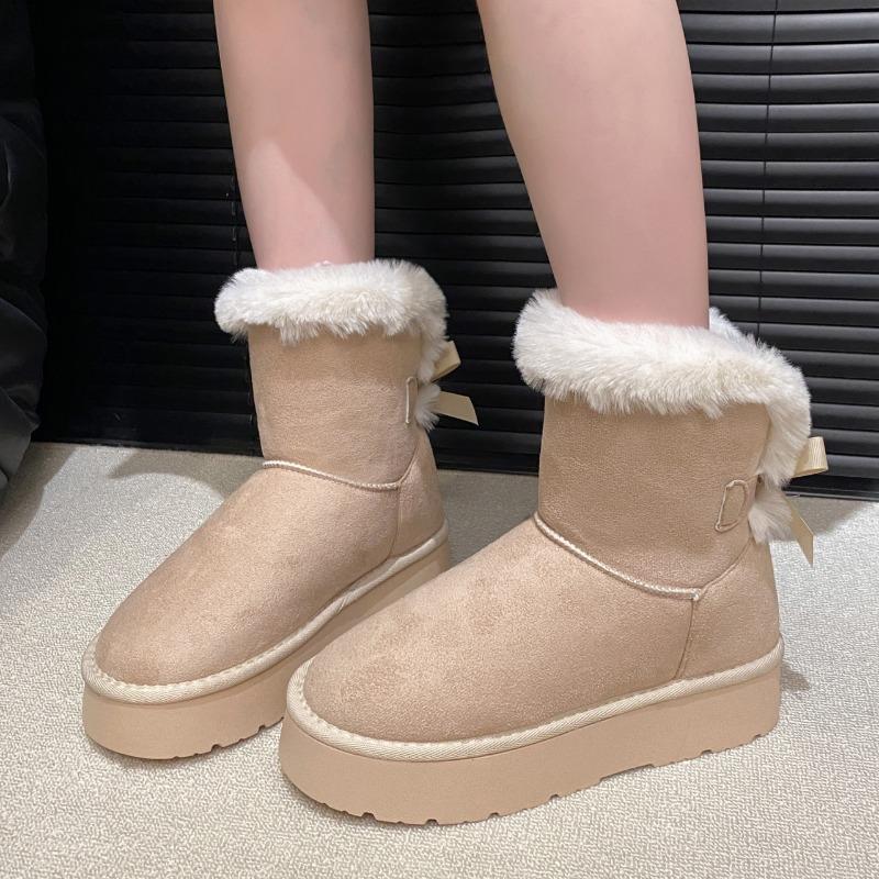 Winter New Cotton Boots Women's Round Toe Suede Plush Bow Platform Snow Boots