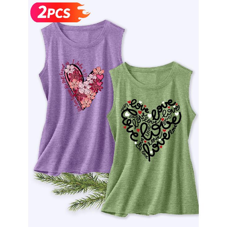 Follow a Specific Direction Two-piece Women's Tank Top with Heart and Floral Print Elegant Summer Party Outfits Sleeveless Vest Essential Fashion