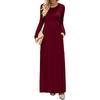Women's Fashion  Solid Color O-neck Long Sleeve Waist Draw Pleated Long Dress Loose With Pocket Long Dress