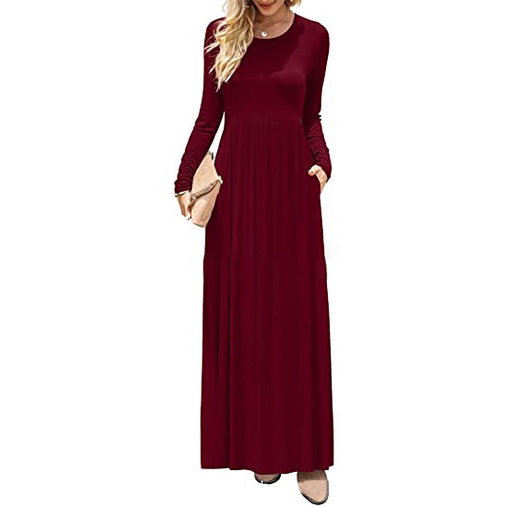 Women's Fashion  Solid Color O-neck Long Sleeve Waist Draw Pleated Long Dress Loose With Pocket Long Dress