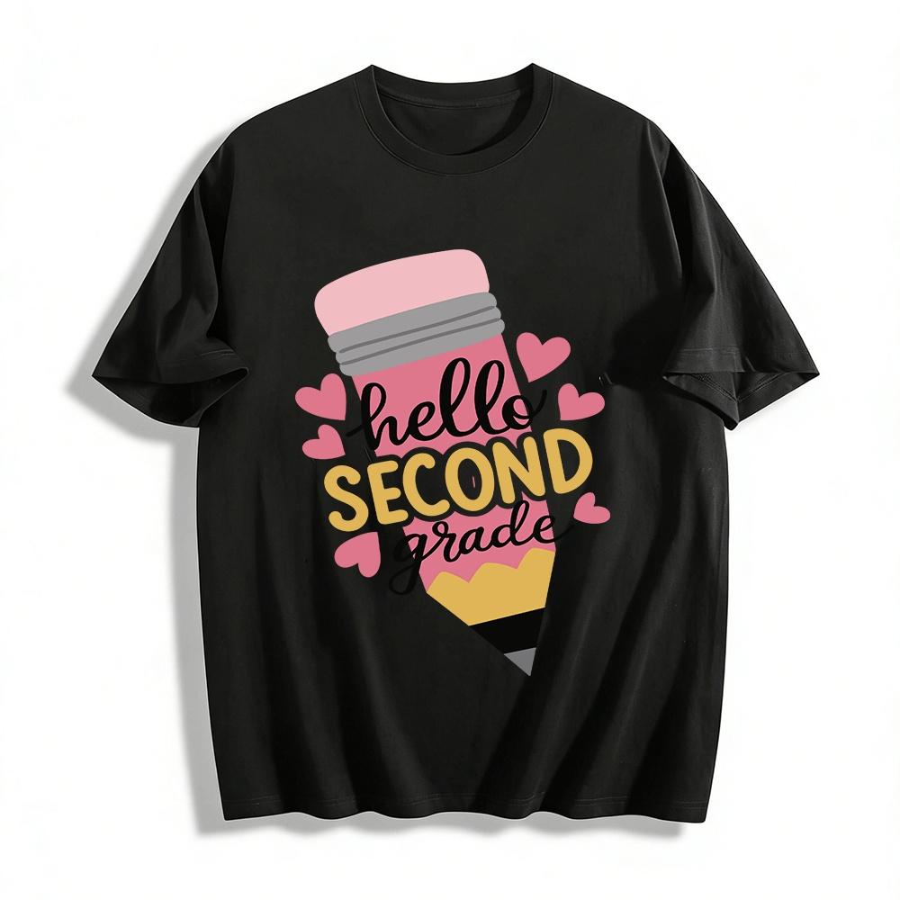 

Hello Second Grade Pencil Heart Print Back to School Kids Top Pure cotton T-shirt 6XL
