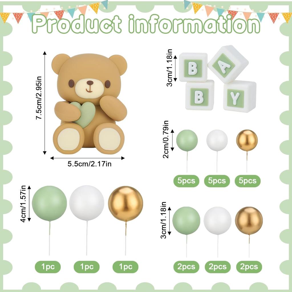 Ball Cake Topper Bear Cake Topper Baby Shower Cake Decorations with Cute Bear Green BABY Letter Foam Balloon Birthday Party