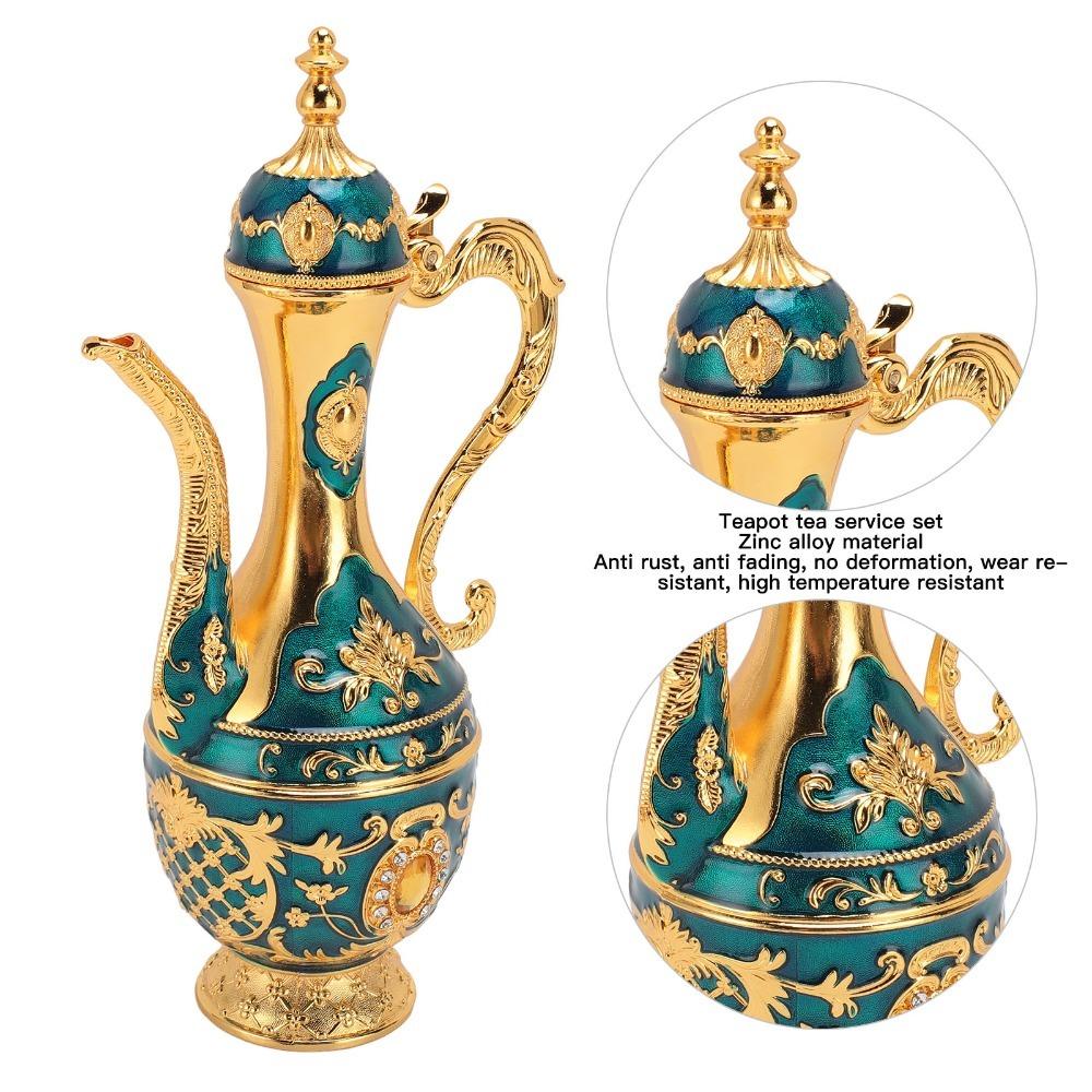8PCS Zinc Alloy Wine Pot Kit Gold Green Teapot Tea Service Set Turkish Tea Set  For Birthday
