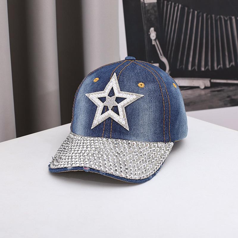 

New Baseball Cap Big Five-pointed Star Trend Diamond-encrusted Denim Cap Outdoor Casual Personalized Rivet Hat single code темно-синього кольору
