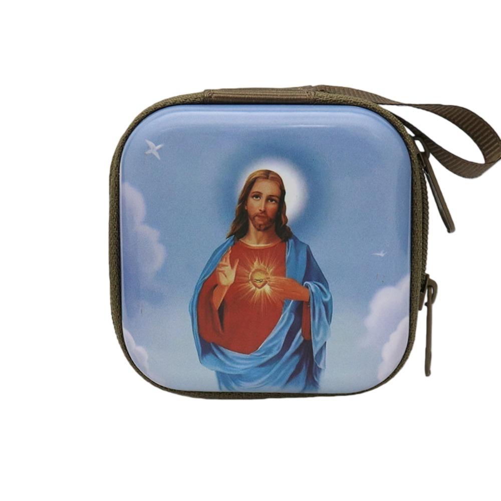 

Virgin Mary Prayer Rosary Storage Bag 7x7cm Zippered Religious Articles Elegant Iron Artwork Religious Jewelry Box