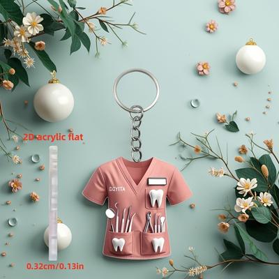 2D Akrylová zubní klíčenka Okouzlující růžový kostýmní design se zubními nástroji, Vodotěsný akryl, Ideální dárek pro zubní profesionálky