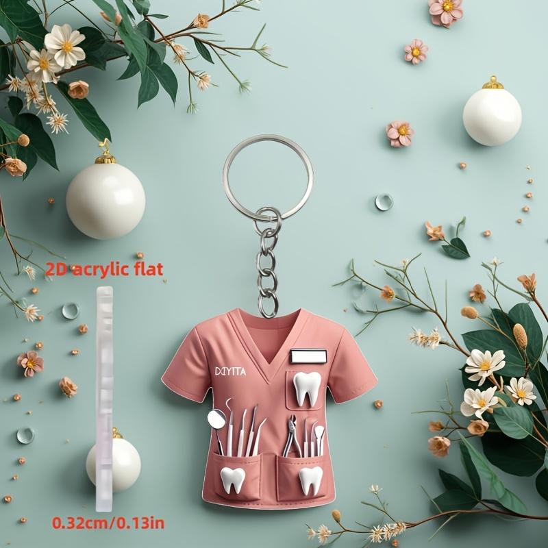 2D Acrylic Dentist Keychain Charming Pink Costume Design with Dental Tools, Waterproof Acrylic, Ideal Gift for Female Dental Professionals