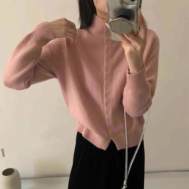Soft Comfortable Stand-Up Collar Sweater Cardigan Women Simple Single Breasted Cardigans Coat Autumn Solid Knitted Outerwear