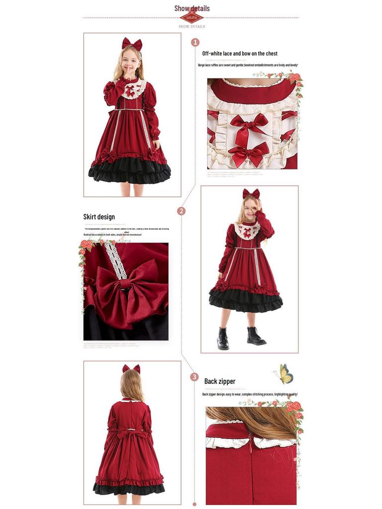 Pinse Clothing Spanish Lolita Halloween Princess Dress for Kids - Wine Red Loli Photography Costume