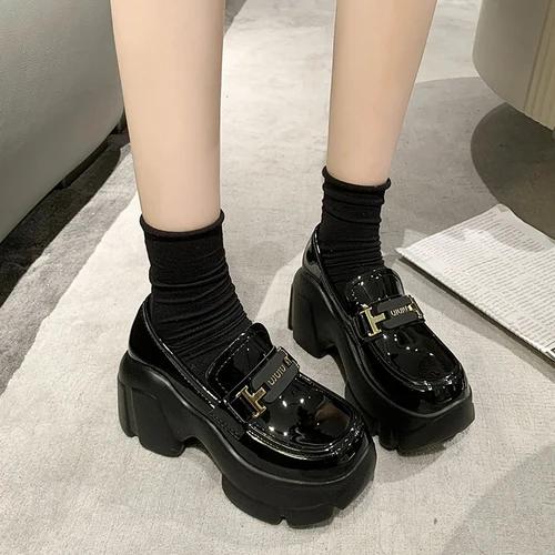 fashion Women Platform Leather Sneakers 2024 Spring Autumn British Style Chunky Shoes Woman 8CM High Heels Ulzzang