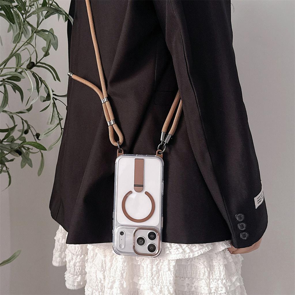 8.0mm Crossbody Strap Magnetic Case For iPhone 17 Pro Max 16 15 14 Clear Cover Metal Stand 4-Corners Protection Drop Resistant