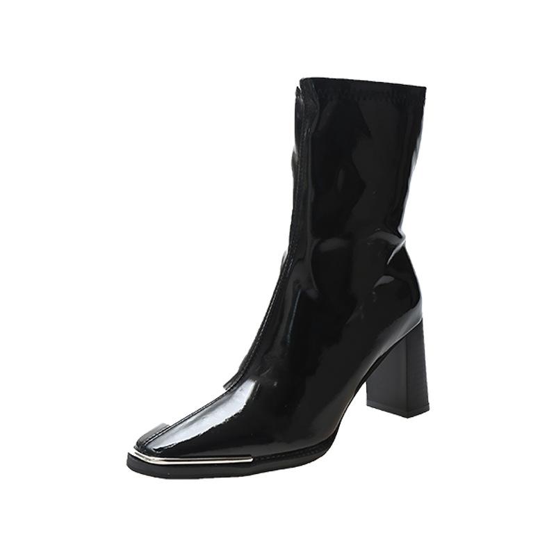 Patent leather boots women's square head high heel bright leather boots autumn and winter new side zipper tall women's boots sleeve sexy thin boots