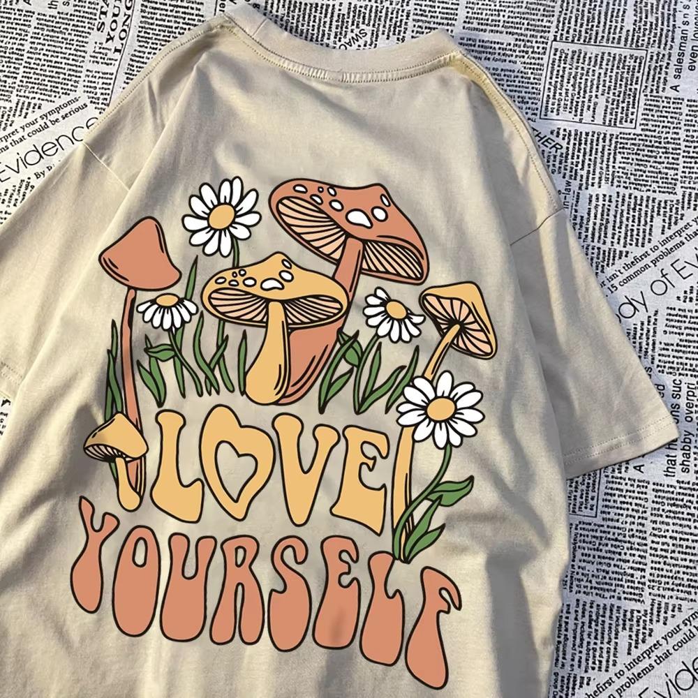 Cottagecore Style Mushroom Love Yourself Mens Tshirt Oversized T-Shirts Oversized Cotton T Shirts Breathable Women Short Sleeve