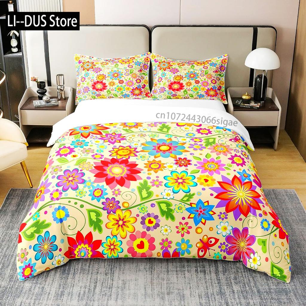 Floral Bedding Set Full Size Colorful Flowers Comforter Cover for Girls Child Duvet Cover Bedroom Decor with 2 Pillow Cases
