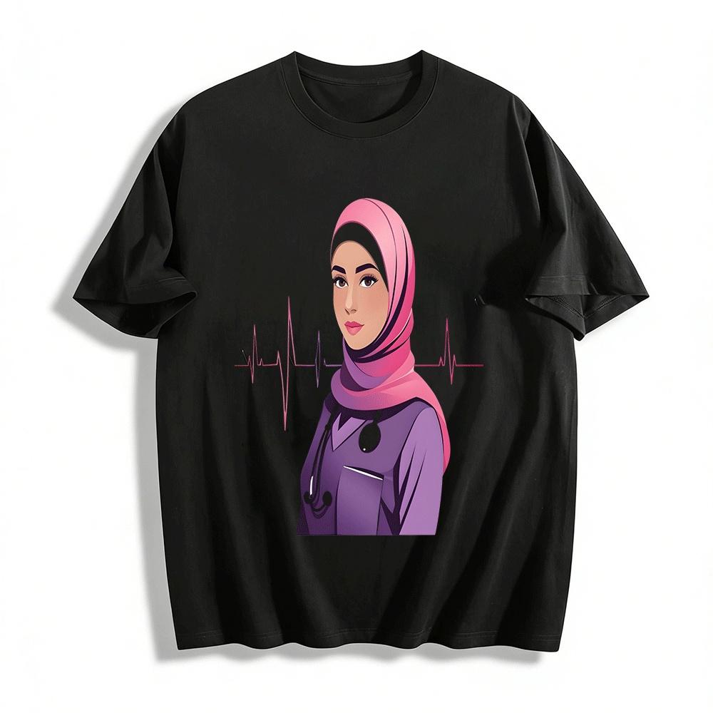 

Muslim Female Medical Worker ECG Print Casual Top Pure cotton T-shirt XXS