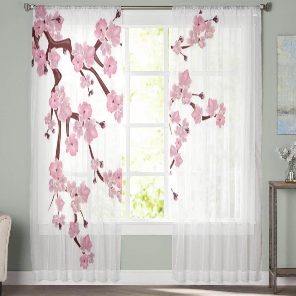 Cherry Blossom Branches Sheer Curtains For Living Room Bedroom Tulle Window Drapes Panel