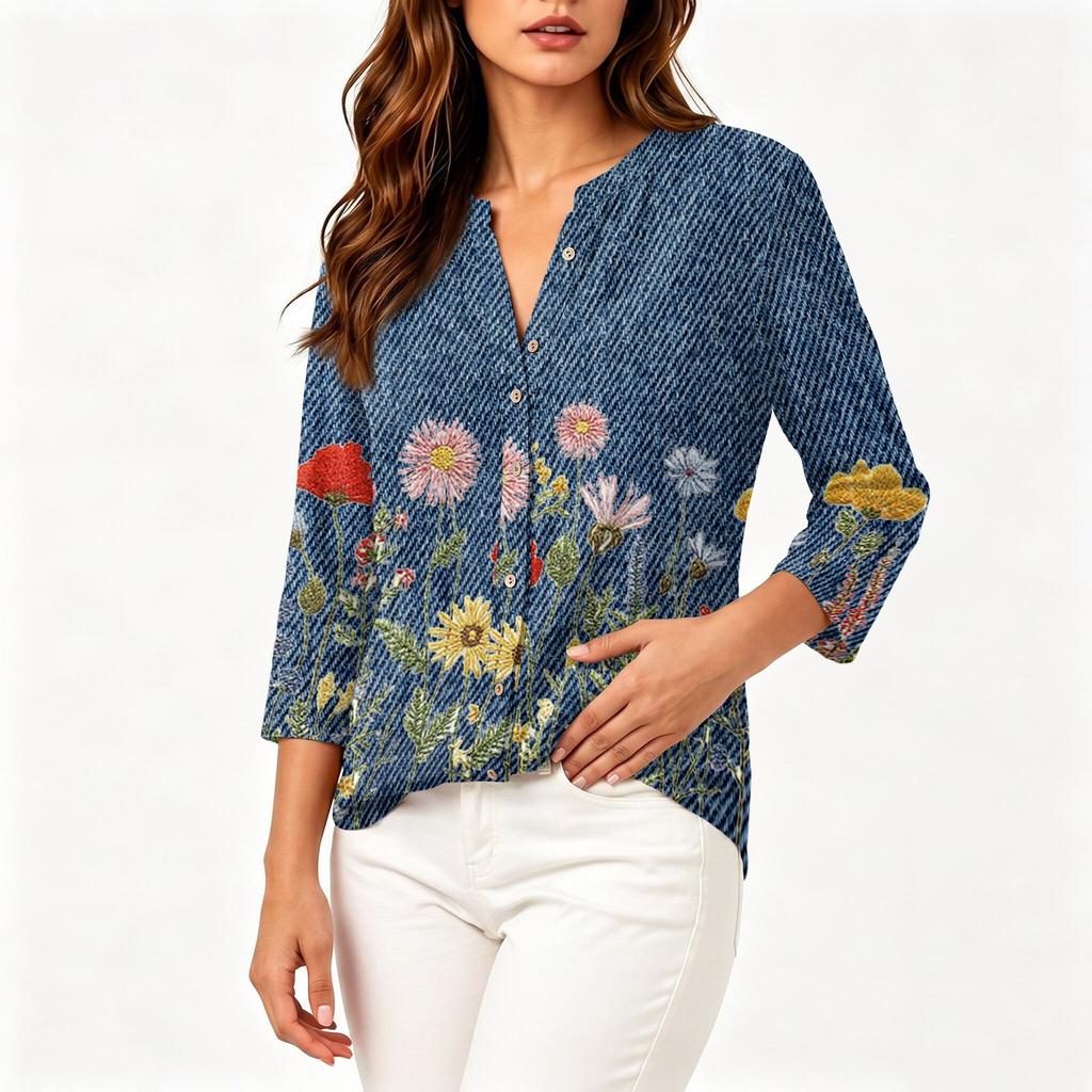 Women's Vintage Floral Print Henley Button Neck Three Quarter Sleeve Linen Cotton Blouse Casual Loose Fit Shirt for Everyday Wear