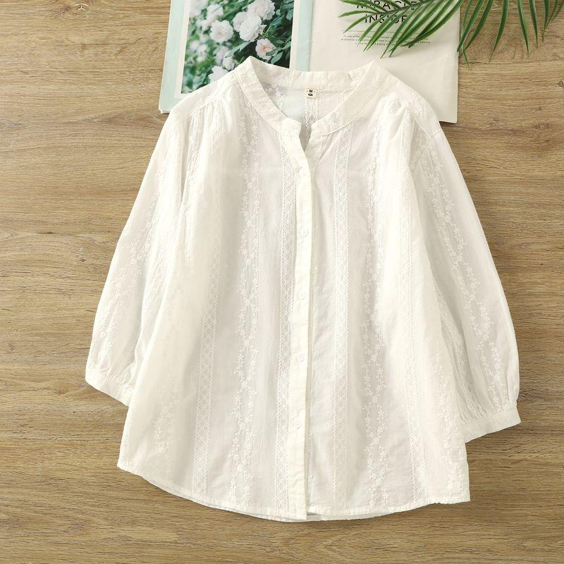 

White Heavy Embroidery White Shirt Women 3/4 Sleeve Gentle Temperament Top Pure Cotton V-neck Summer Small Top White M
