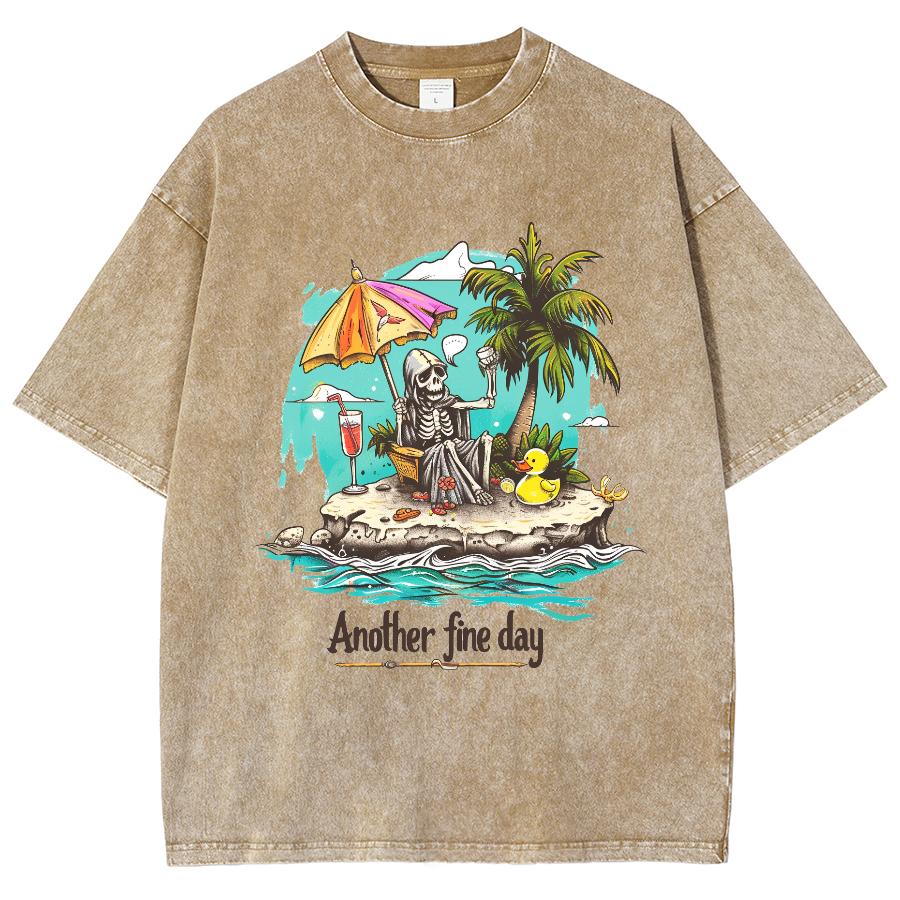 Beach Coconut Tree Skull Print Washed Denim Cotton T-Shirt Women's Black Short Sleeve Loose Oversized Travel Home