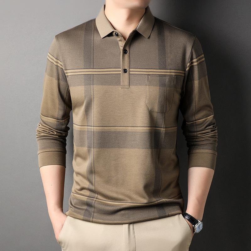 Fall Winter Men Long-Sleeved T-shirt Fashion Casual Polo Collar Striped Polo Shirt Daddy Men's Outfit Bottoming Shirt Top T-shirt Men