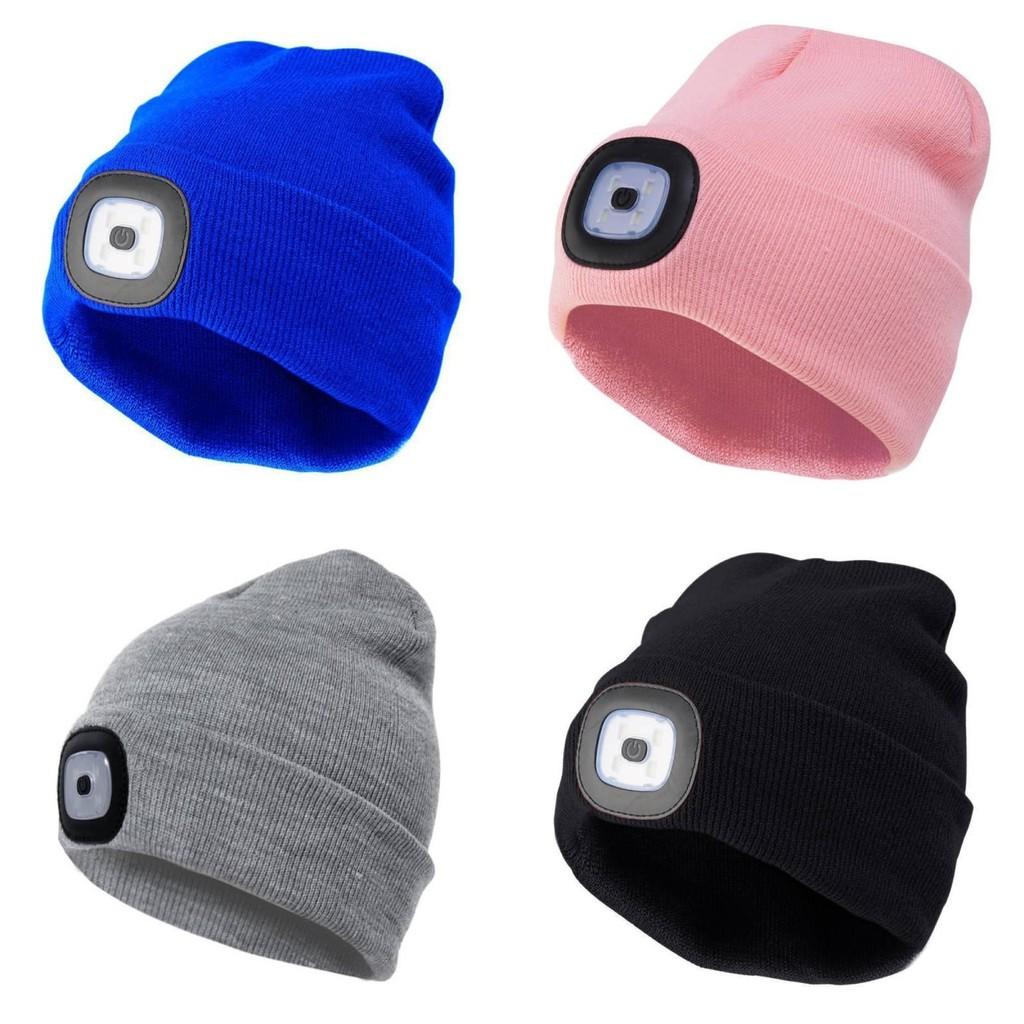 Black Led Knitted Beanie For Outdoor Night Running With Rechargeable Light Feature