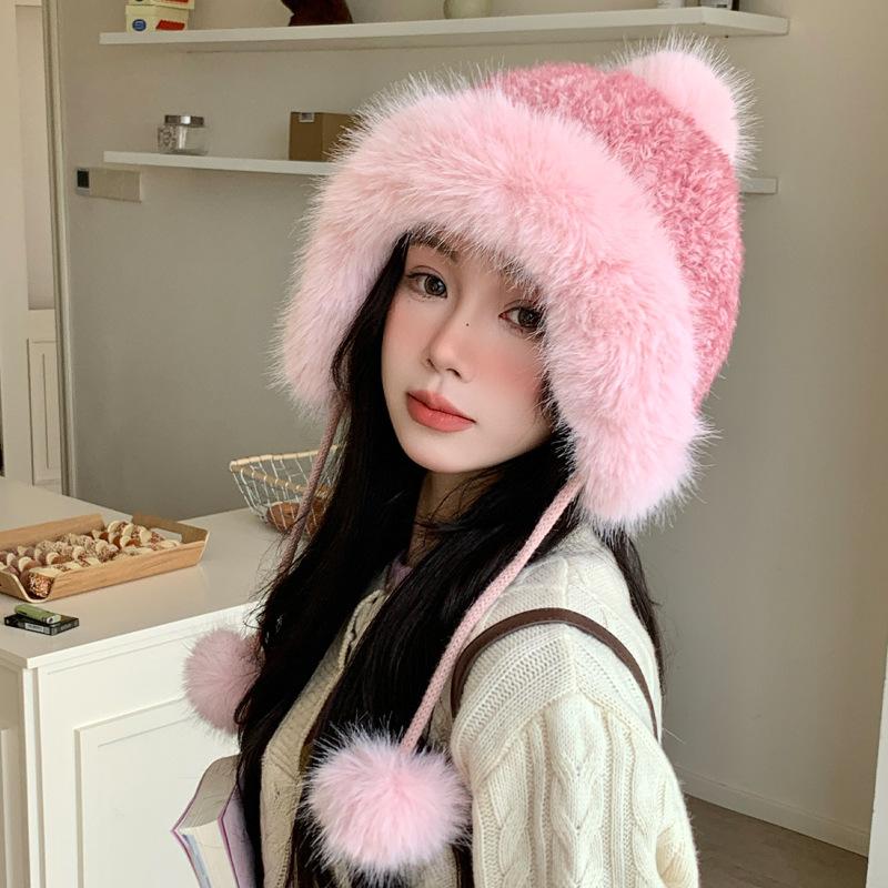 Korean Versatile Big Head Circumference Plus Velvet Thickened Warm Hat In Winter Cute Fur Ball Bag Head Hat Windproof Ear Protection Hat Women