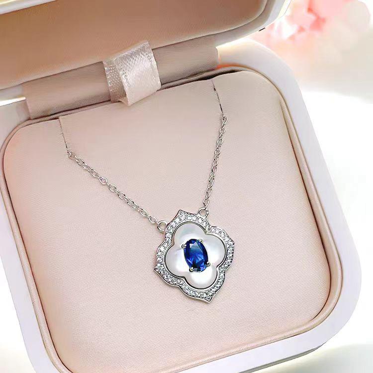 Light Luxury Design Four-Leaf Clover Fritillary Pendant Necklace High Carbon Diamond Ring Blue Spinel Stud Earrings Temperament Colorful Treasure Set