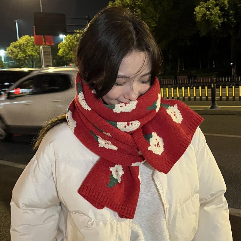 Red Christmas Scarf Women'S Winter Warm Couple High-End Knitted Wool Neck Scarf New Year Gift
