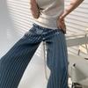 Casual Thick Knitted Women Pants Elastic High Waist Loose Female Wide Leg Pant Long Trousers Autumn Winter Striped Pantalon