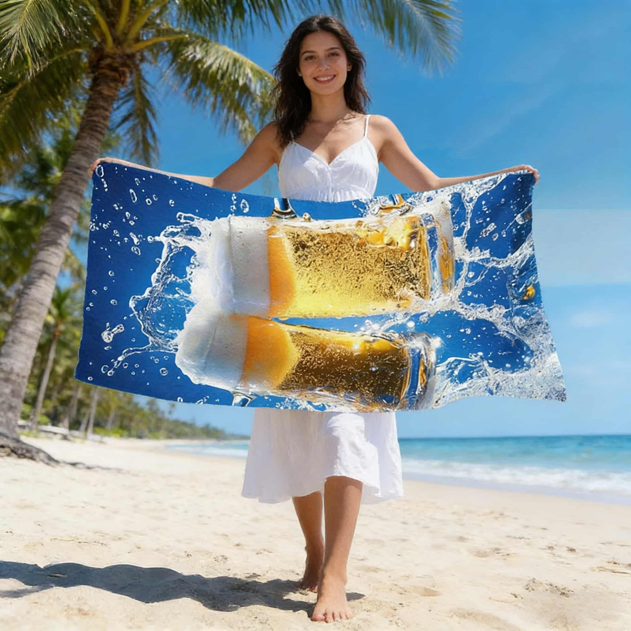 

Beach Towel with Beer Print Quick Dry Sand Free Microfiber Absorbent Lightweight for Summer Pool Party Travel Vacation Beach W30*H60(CM)
