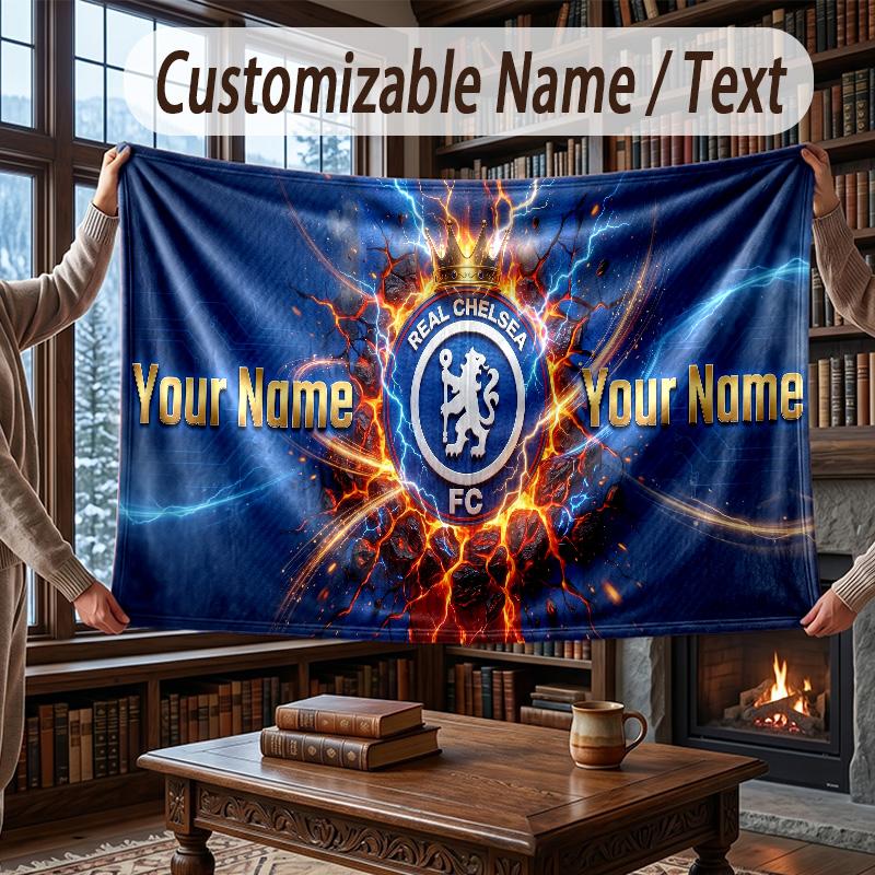Custom Name Flannel Throw Blanket Chelsea FC Pattern Warm Home Decoration