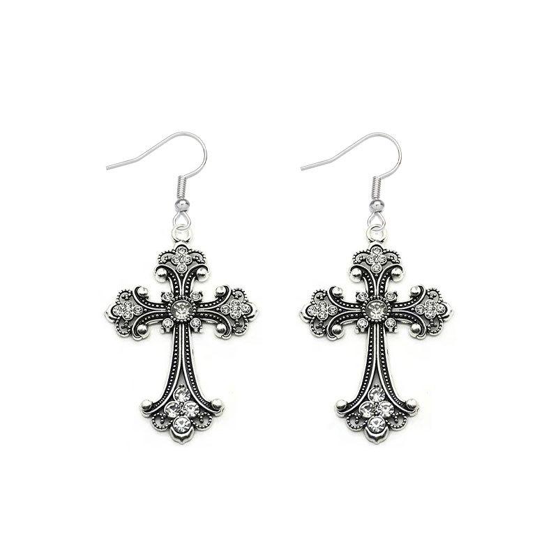 Vintage Baroque Rose Cross Earrings Women'S Hip Hop Versatile Earrings Premium Sense Flash Diamond Fashion Earrings