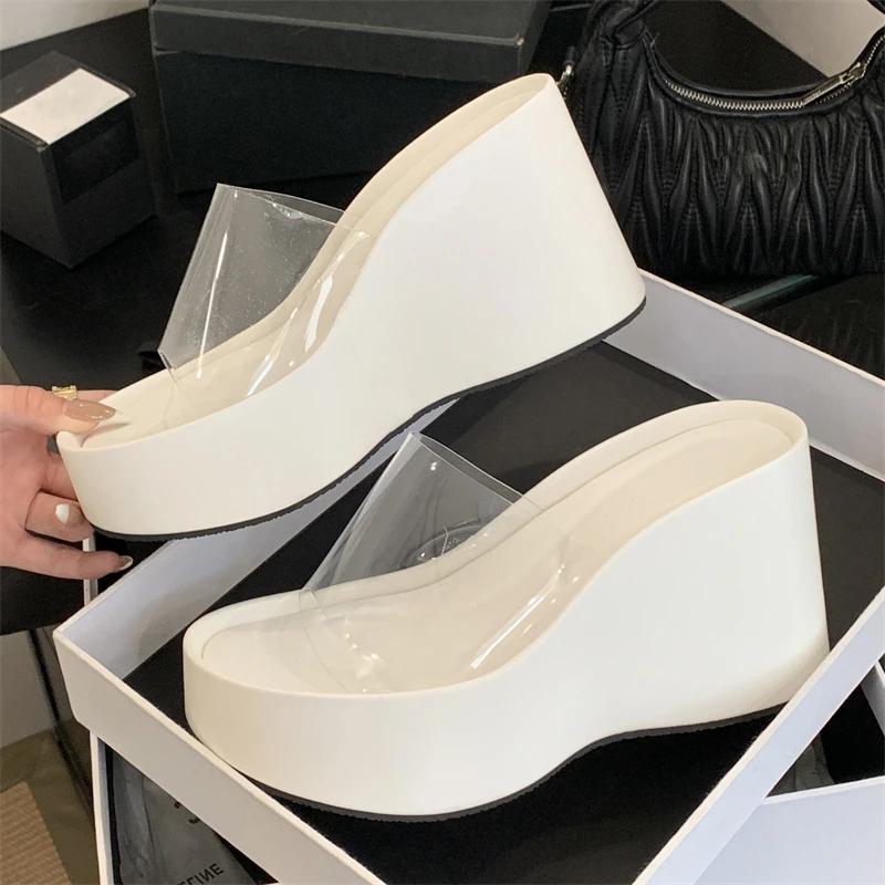 Eilyken Summer PVC Transparent Solid Platform Wedges Woman Slippers Thick Bottom High Heels Party Shoes