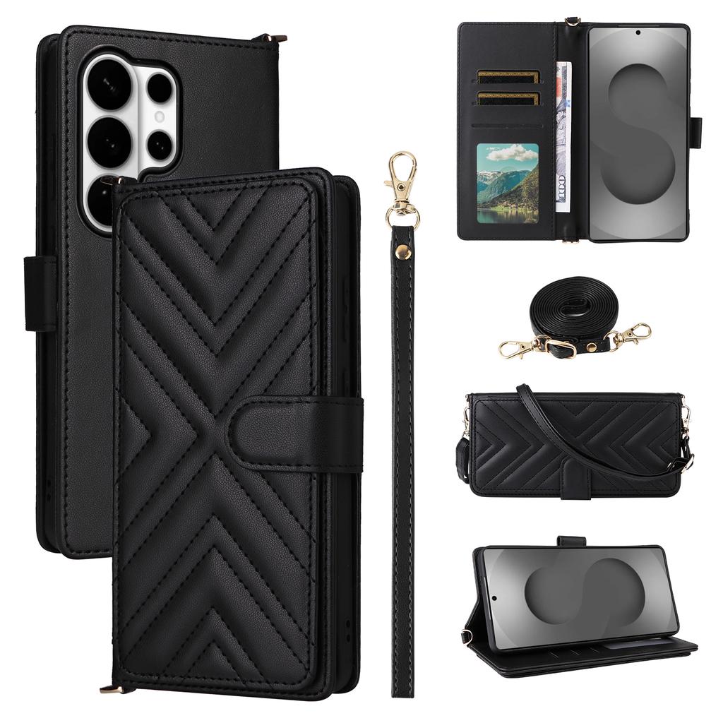 For Samsung Galaxy S26 Ultra Case with Shoulder/Wrist Strap Leather Phone Cover Stand Wallet
