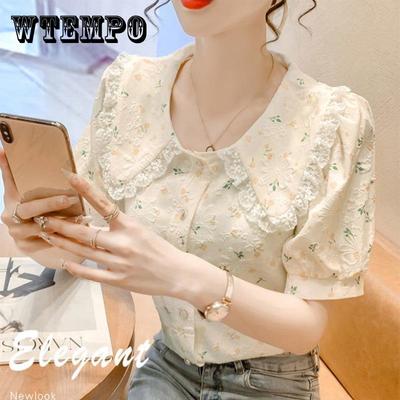 Floral Bubble Short-sleeved Top Design Sense Niche French Sweet Doll Collar Top Women