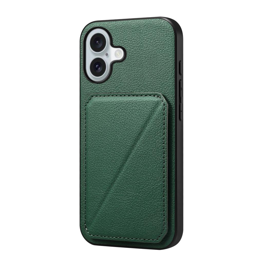 For iPhone 17 Case Card Holder Kickstand Calf Textured Leather+PC+TPU Phone Cover