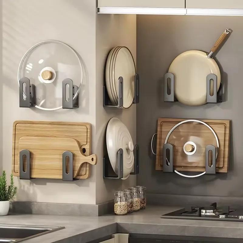 2pcs Pot Lid Rack Pot Cover Cutting Board Holder Sponge Storage Shelf Kitchen Bathroom Wall Mounted Organizer Rack Accessories