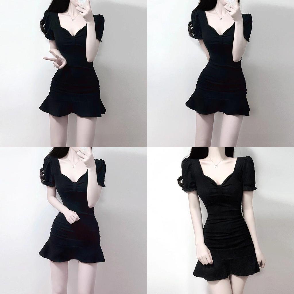 Black Knit Fabric Short Sleeve Mermaid Skirt With Ruffles For Summer Casual Wear