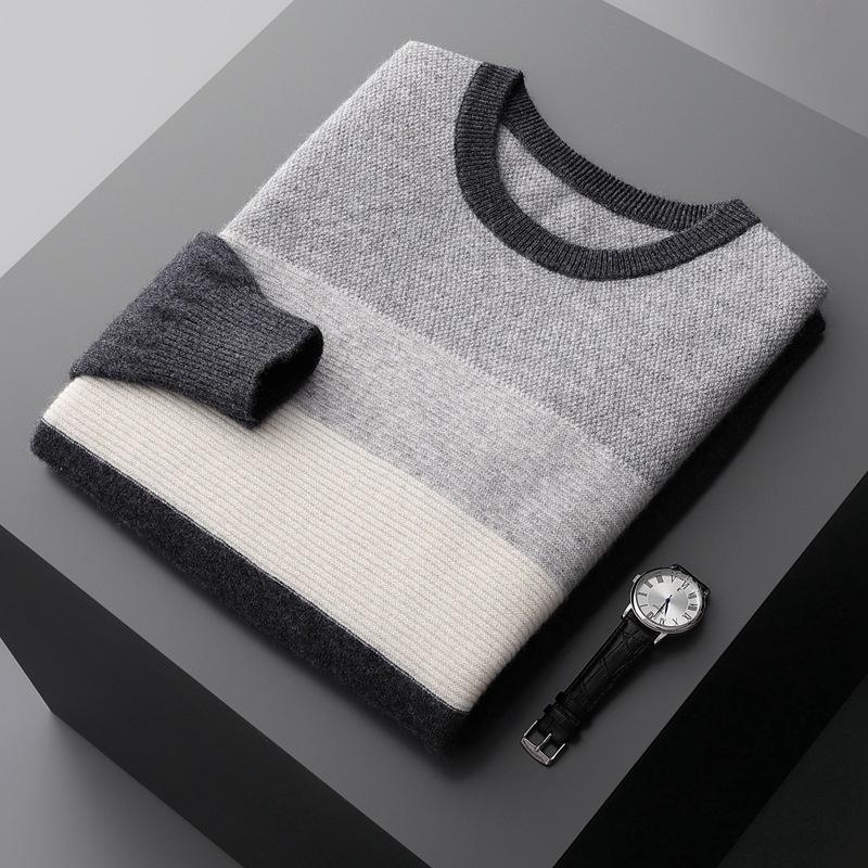 

Men s Autumn/Winter Color Block Cashmere Sweater - Warm Knitted Round Neck Base Layer XXXL