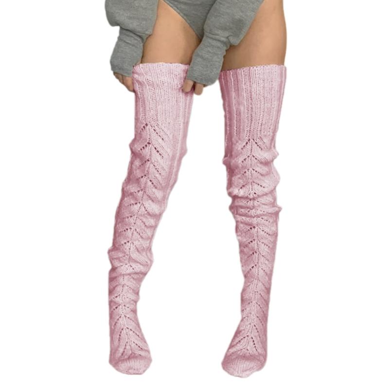 Hollowed Out Knitted Over Knee Long Socks for Women Winter Fall Thigh High Stockings Solid Color Thermal Long Leg Warmer